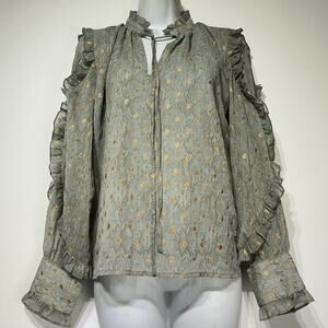 BTFL-life polka dot Gold Metallic Glitter ruffle Long Sleeve blouse Size L